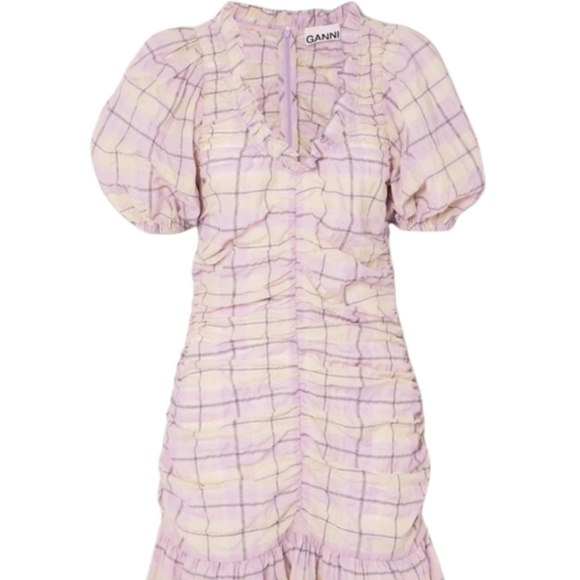 New Ganni Seersucker Check Ruched Short Dress - Picture 1 of 11